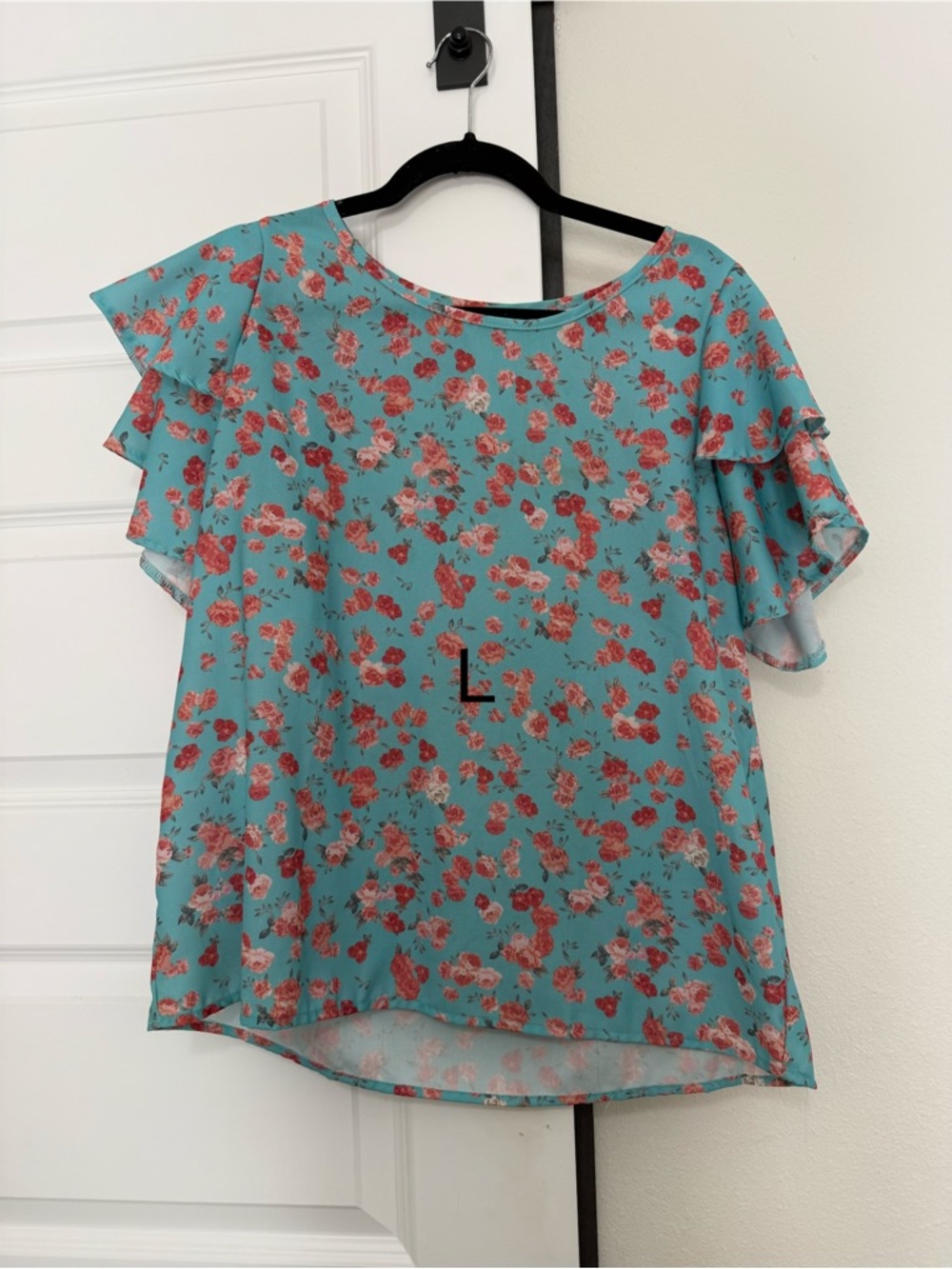 Women's Teal Floral Ruffle Sleeve Top